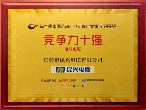 莞企民興電纜榮登2022年中國不動產(chǎn)供應(yīng)鏈行業(yè)競爭力十強(qiáng)